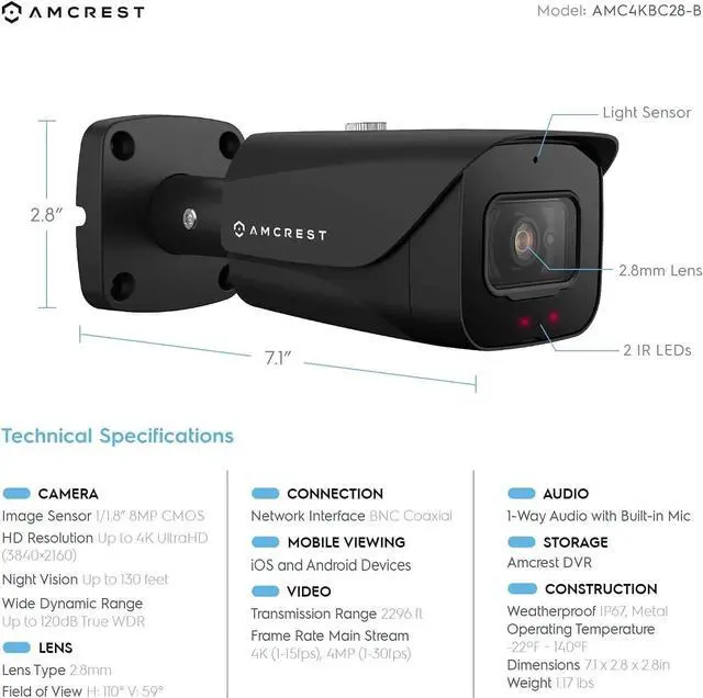 Alt view image 4 of 6 - Amcrest 4K Analog Outdoor Security Camera, Bullet 4K (8MP) @15fps, CCTV-Coax-BNC, 130ft Night Vision, IP67 Metal, (Not an IP Camera) (DVR Required, Not Included) (AMC4KBC28-B) (Refurbished)