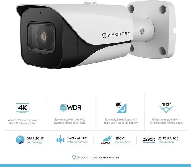 Alt view image 3 of 6 - Amcrest 4K Analog Outdoor Security Camera, Bullet 4K (8MP) @15fps, CCTV-Coax-BNC, 130ft Night Vision, IP67 Metal, White (Not an IP Camera) (DVR Required, Not Included) (AMC4KBC28-W) (Refurbished)