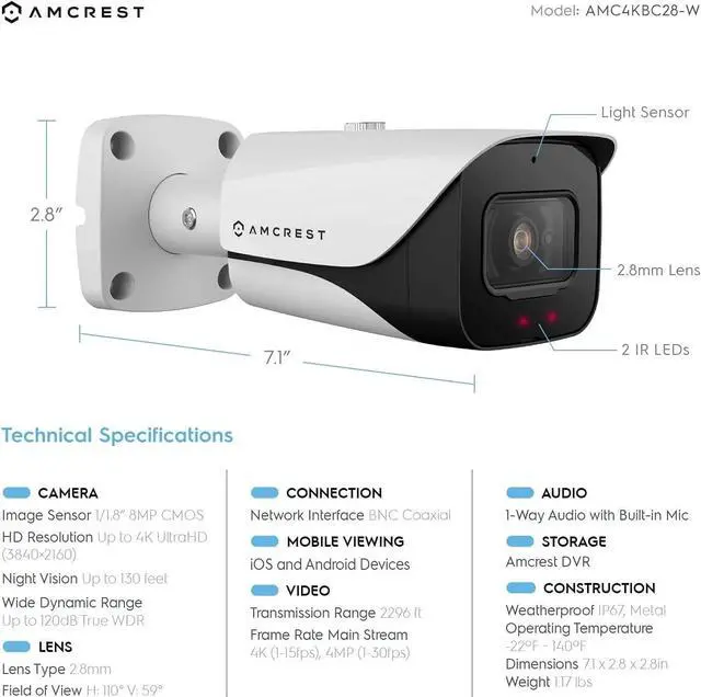 Alt view image 4 of 6 - Amcrest 4K Analog Outdoor Security Camera, Bullet 4K (8MP) @15fps, CCTV-Coax-BNC, 130ft Night Vision, IP67 Metal, White (Not an IP Camera) (DVR Required, Not Included) (AMC4KBC28-W) (Refurbished)