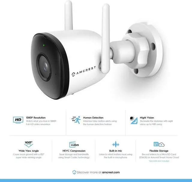 Alt view image 2 of 7 - Amcrest 1080P WiFi Camera Outdoor, Smart Home 2MP Bullet IP Security Camera Outdoor Wireless, 98ft Nightvision, 256GB MicroSD Storage (Sold Separately), ASH22-W (Wired Power) (Refurbished)