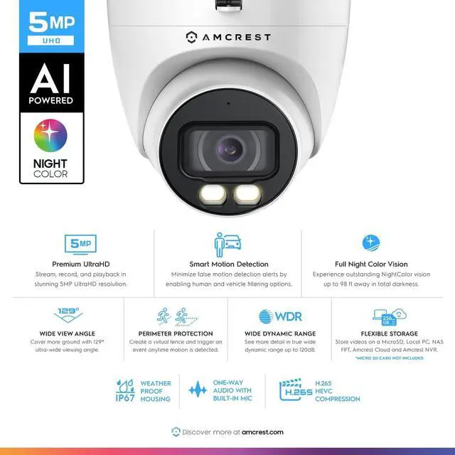 Alt view image 2 of 7 - Amcrest Night Color AI Turret IP PoE Camera w/ 98ft Full Color Nightvision, Security IP Camera Outdoor, Built-in Microphone, Human & Vehicle Detection, 98° FOV, 5MP@20fps IP5M-T1273EW-AI (Refurbished)