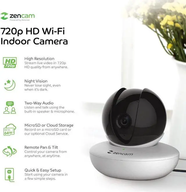 Alt view image 2 of 5 - GAOAG Zencam WiFi Camera, Indoor Pan Tilt Zoom Home Wireless IP Camera, 720P Dome Cloud Security Surveillance System with IR Night Vision, Two-Way, Supports 2.4Ghz, White (M1W) (Refurbished)