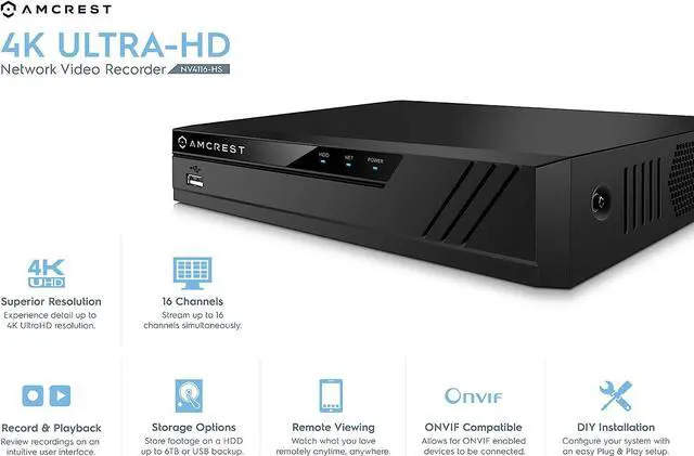 Alt view image 2 of 5 - Amcrest 4K 16CH NVR NV4116-HS (1080p/3MP/4MP/5MP/8MP) Network Video Recorder - Supports up to 16 x 8MP/4K IP Cameras, 16-Channel Pre-Installed 2TB Hard Drive NV4116-2TB (Refurbished)