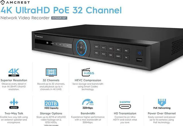 Alt view image 2 of 6 - Amcrest 5Series 4K 32 Channel 16 Ports PoE NVR (Record 32CH 4K @30fps View/Playback 4CH 4K@30fps) Network Video Recorder (Hard Drive Not Included) NV5232E-16P (Refurbished)