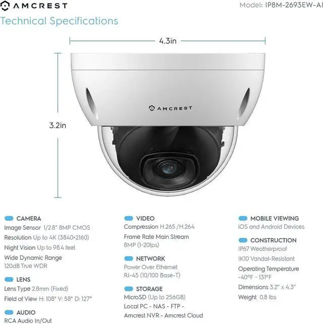 Alt view image 3 of 6 - Amcrest UltraHD 4K (8MP) AI Outdoor Security POE IP Camera, 3840x2160, 4K @30fps, Face Detection, Human & Vehicle Detection, IK10 Vandal Resistant Dome, White (IP8M-2693EW-AI) (Refurbished)