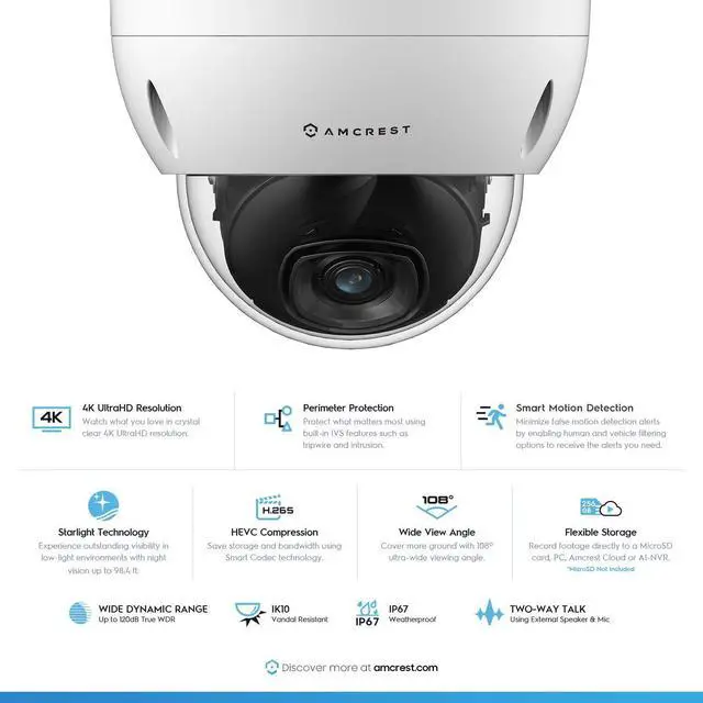 Alt view image 2 of 6 - Amcrest UltraHD 4K (8MP) AI Outdoor Security POE IP Camera, 3840x2160, 4K @30fps, Face Detection, Human & Vehicle Detection, IK10 Vandal Resistant Dome, White (IP8M-2693EW-AI) (Refurbished)