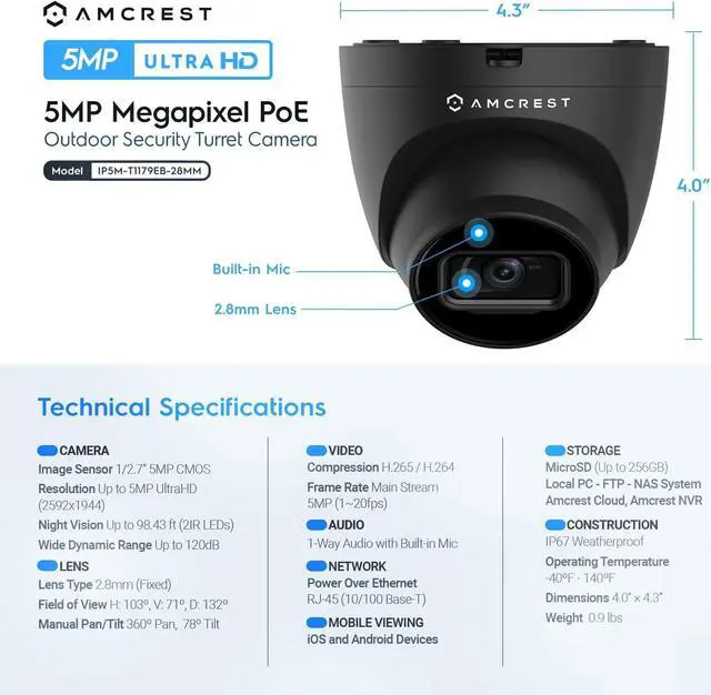Alt view image 6 of 7 - Amcrest 5MP Turret POE Camera, UltraHD Outdoor IP Camera POE with Mic/Audio, 5MP Security Surveillance Cameras, 98ft NightVision, 103° FOV, MicroSD (256GB) Black IP5M-T1179EB-28MM (Refurbished)