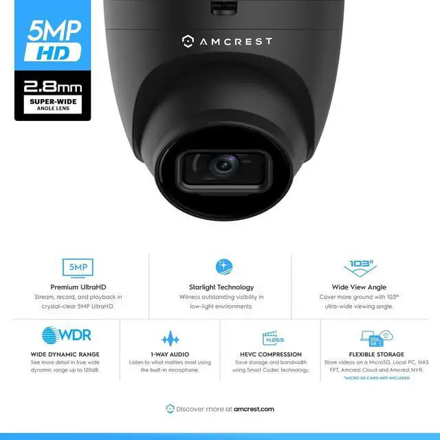 Alt view image 2 of 7 - Amcrest 5MP Turret POE Camera, UltraHD Outdoor IP Camera POE with Mic/Audio, 5MP Security Surveillance Cameras, 98ft NightVision, 103° FOV, MicroSD (256GB) Black IP5M-T1179EB-28MM (Refurbished)
