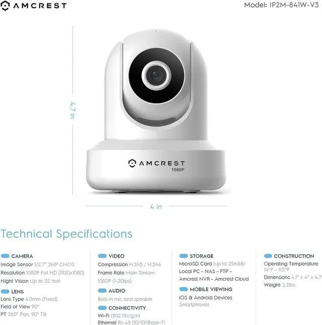 Alt view image 3 of 7 - Amcrest 1080P WiFi Security Camera 2MP Indoor Pan/Tilt Wireless IP Camera, REP-IP2M-841W (White) (Refurbished)