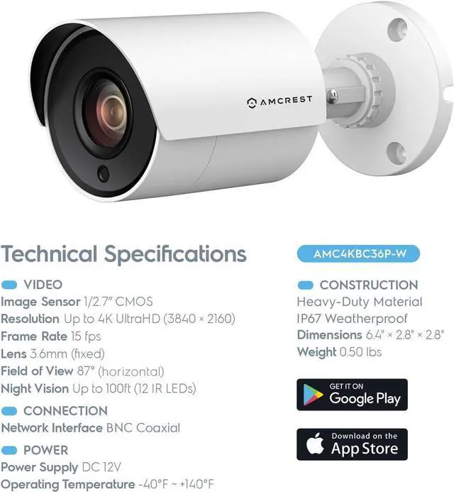 Alt view image 3 of 6 - Amcrest UltraHD 4K Bullet Outdoor Security Camera, 4K (8-Megapixel), Analog Camera, 100ft Night Vision, Heavy Duty Housing, 3.6mm Lens 87° Wide Angle, White (AMC4KBC36P-W) (Used)