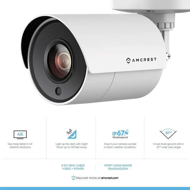 Alt view image 2 of 6 - Amcrest UltraHD 4K Bullet Outdoor Security Camera, 4K (8-Megapixel), Analog Camera, 100ft Night Vision, Heavy Duty Housing, 3.6mm Lens 87° Wide Angle, White (AMC4KBC36P-W) (Used)