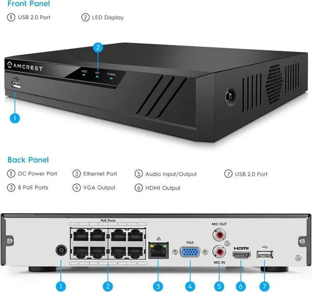 Alt view image 6 of 7 - Amcrest 4K 8CH POE NVR (1080p/3MP/4MP/5MP/8MP) POE Network Video Recorder - Supports 8 x 8MP/4K IP Cameras, 8-Channel Power Over Ethernet Pre-Installed 2TB Hard Drive (REP-NV4108E-2TB) (Refurbished)