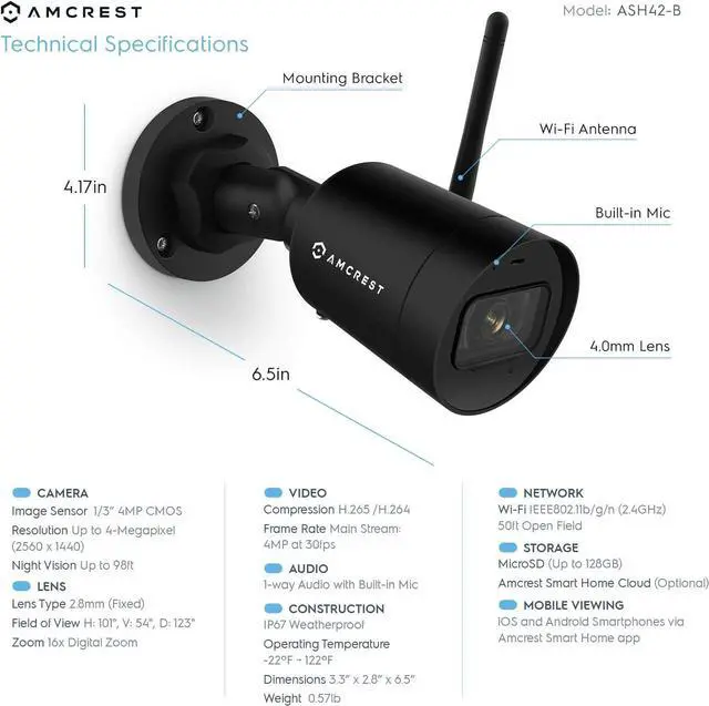 Alt view image 3 of 5 - Amcrest SmartHome 4MP Outdoor WiFi Camera Bullet 4MP Outdoor Security Camera, 98ft Night Vision, Built-in Mic, 101° FOV, 2.8mm Lens, MicroSD Storage, ASH42-B-V2 (Black) (Refurbished)