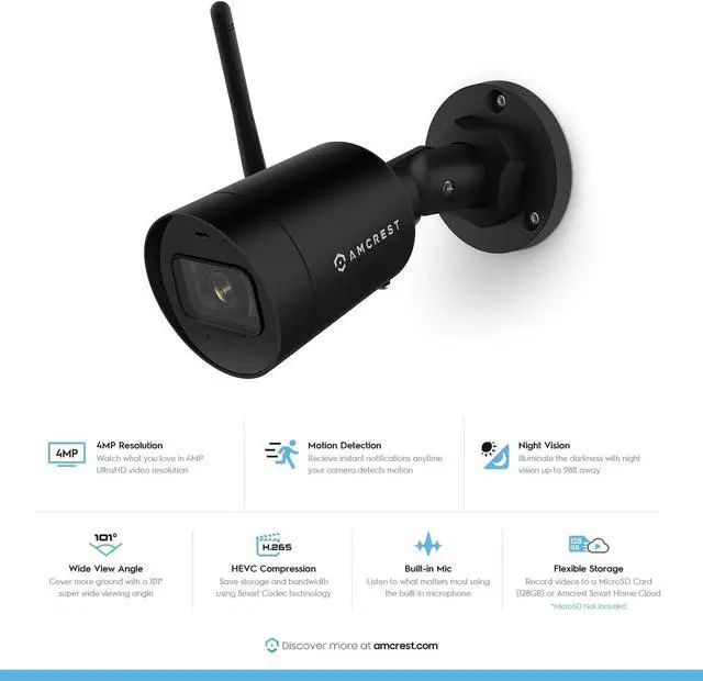 Alt view image 2 of 5 - Amcrest SmartHome 4MP Outdoor WiFi Camera Bullet 4MP Outdoor Security Camera, 98ft Night Vision, Built-in Mic, 101° FOV, 2.8mm Lens, MicroSD Storage, ASH42-B-V2 (Black) (Refurbished)