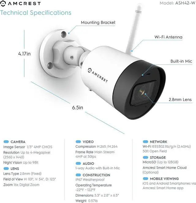 Alt view image 3 of 5 - Amcrest SmartHome 4MP Outdoor WiFi Camera Bullet 4MP Outdoor Security Camera, 98ft Night Vision, Built-in Mic, 101° FOV, 2.8mm Lens, MicroSD Storage, ASH42-W-V2 (White) (Refurbished)