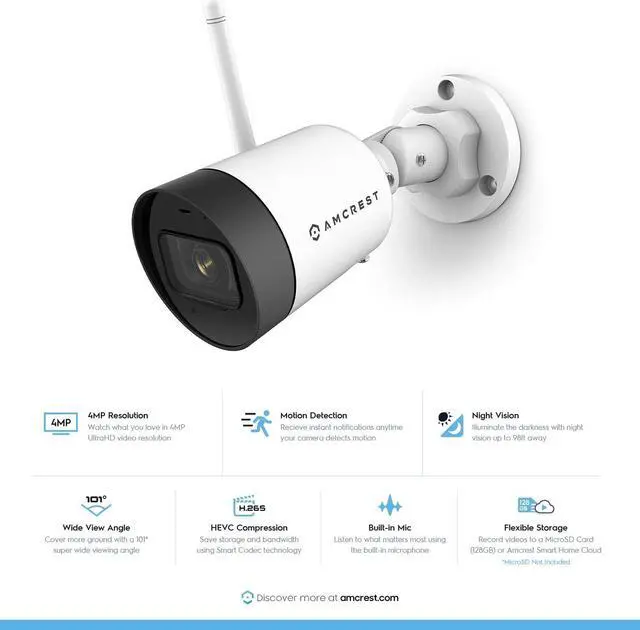 Alt view image 2 of 5 - Amcrest SmartHome 4MP Outdoor WiFi Camera Bullet 4MP Outdoor Security Camera, 98ft Night Vision, Built-in Mic, 101° FOV, 2.8mm Lens, MicroSD Storage, ASH42-W-V2 (White) (Refurbished)