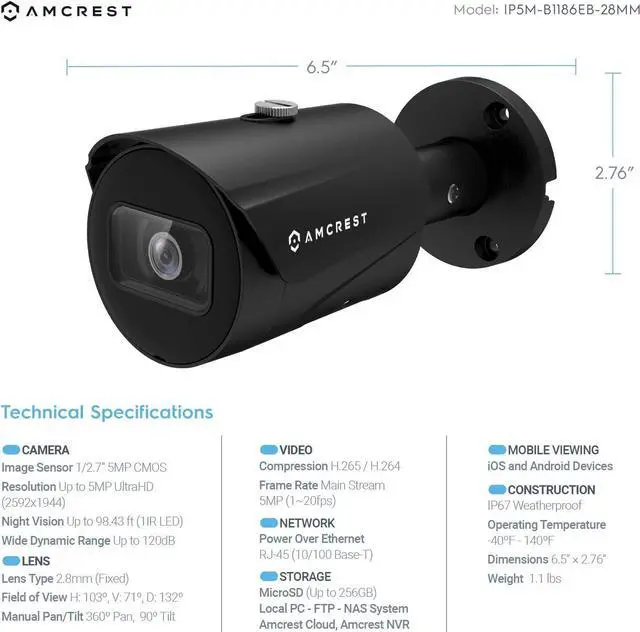 Alt view image 3 of 6 - Amcrest 2-Pack UltraHD 5MP Outdoor POE Camera 2592 x 1944p Bullet IP Security Camera, Outdoor IP67 Waterproof, 103° FOV, 2.8mm Lens, 98.4ft Night Vision, 5-Megapixel, IP5M-B1186EB-28MM (Black)