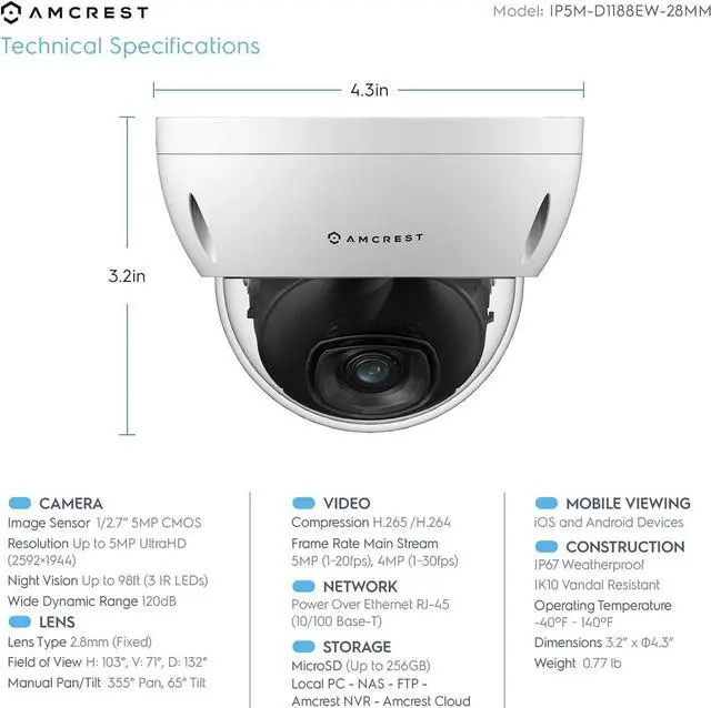 Alt view image 3 of 6 - Amcrest 2-Pack 5MP POE Camera, Outdoor Vandal Dome Security POE IP Camera, 5-Megapixel, 98ft NightVision, 2.8mm Lens, IP67, IK10 Resistance, MicroSD 256GB (Sold Separately) (IP5M-D1188EW-28MM)