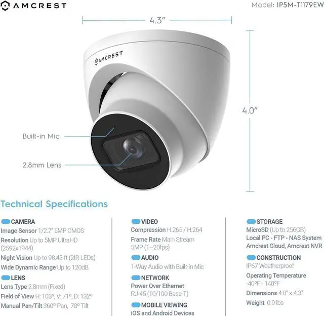 Alt view image 3 of 6 - Amcrest 2-Pack 5MP UltraHD Outdoor Security IP Turret PoE Camera with Mic/Audio, 5-Megapixel, 98ft NightVision, 2.8mm Lens, IP67 Weatherproof, MicroSD Recording (256GB), 2PACK-IP5M-T1179EW-28MM White