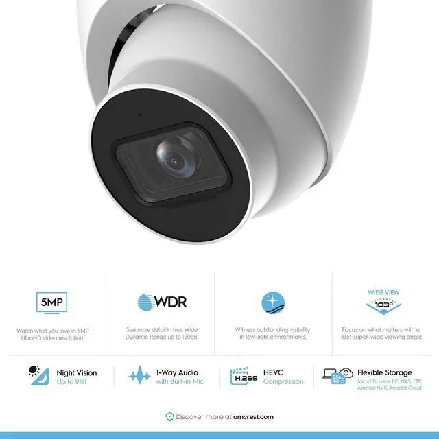 Alt view image 2 of 6 - Amcrest 2-Pack 5MP UltraHD Outdoor Security IP Turret PoE Camera with Mic/Audio, 5-Megapixel, 98ft NightVision, 2.8mm Lens, IP67 Weatherproof, MicroSD Recording (256GB), 2PACK-IP5M-T1179EW-28MM White