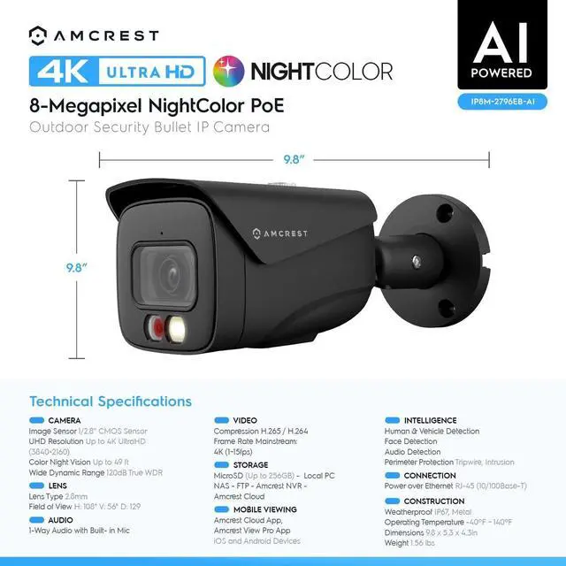 Alt view image 7 of 7 - Amcrest 4K Security Camera System, 4K 8CH PoE NVR, (4) x 4K Night Color Bullet POE IP Cameras, Active Deterrent, Pre-Installed 2TB Hard Drive, NV4108E-2796EB4-2TB (Black)