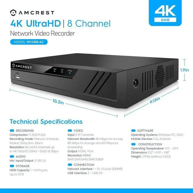 Alt view image 5 of 7 - Amcrest 4K Security Camera System, 4K 8CH PoE NVR, (4) x 4K Night Color Bullet POE IP Cameras, Active Deterrent, Pre-Installed 2TB Hard Drive, NV4108E-2796EB4-2TB (Black)