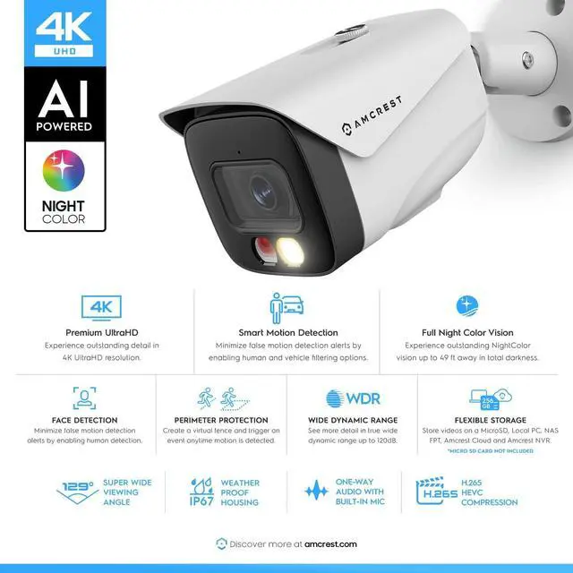 Alt view image 6 of 8 - Amcrest 4K Security Camera System, 4K 8CH PoE NVR, (4) x 4K Night Color Bullet POE IP Cameras, Active Deterrent, Pre-Installed 2TB Hard Drive, NV4108E-2796EW4-2TB (White)