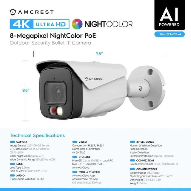Alt view image 7 of 8 - Amcrest 4K Security Camera System, 4K 8CH PoE NVR, (4) x 4K Night Color Bullet POE IP Cameras, Active Deterrent, Pre-Installed 2TB Hard Drive, NV4108E-2796EW4-2TB (White)