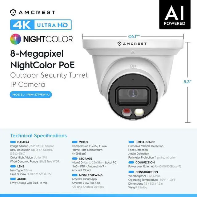 Alt view image 7 of 7 - Amcrest 4K Security Camera System, 4K 8CH PoE NVR, (4) x 4K Night Color Turret POE IP Cameras, Active Deterrent, Pre-Installed 2TB Hard Drive, NV4108E-2779EW4-2TB (White)