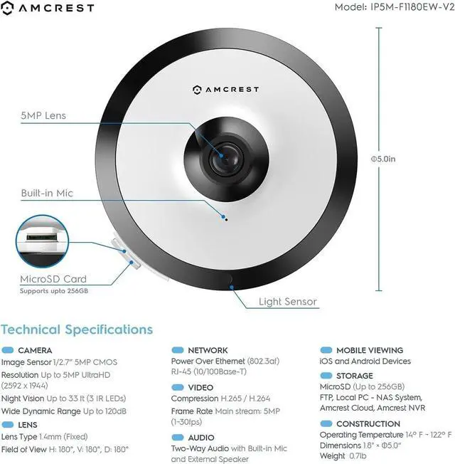 Alt view image 7 of 10 - Amcrest Fisheye IP POE Camera, 360° Panoramic 5-Megapixel POE IP Camera, Fish Eye Security Indoor Camera, 33ft Nightvision, IVS Features and People Counting, MicroSD Recording, IP5M-F1180EW-V2 (White)