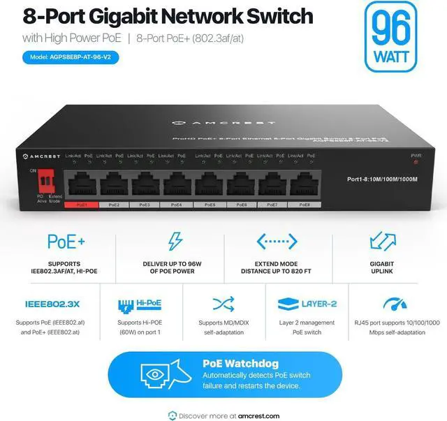 Alt view image 2 of 5 - Amcrest 8-Port POE+ Power Over Ethernet POE Switch with Metal Housing, 8-Ports POE+ 802.3af/at 96w (AGPS8E8P-AT-96-V2)
