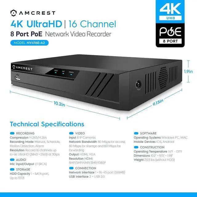 Alt view image 7 of 7 - Amcrest 4K 16CH 8 Port PoE NVR NV4116E-A2 (1080p/3MP/4MP/5MP/8MP) Network Video Recorder, 16CH (8-Port PoE) NVR - Supports up to 16 x 8-Megapixel IP Cameras, Pre-Installed 1TB Hard Drive NV4116E-1TB