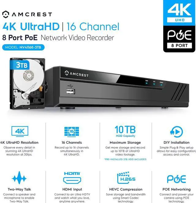 Alt view image 2 of 7 - Amcrest 4K 16CH 8 Port PoE NVR NV4116E-A2 (1080p/3MP/4MP/5MP/8MP) Network Video Recorder, 16CH (8-Port PoE) NVR - Supports up to 16 x 8-Megapixel IP Cameras, Pre-Installed 3TB Hard Drive NV4116E-3TB