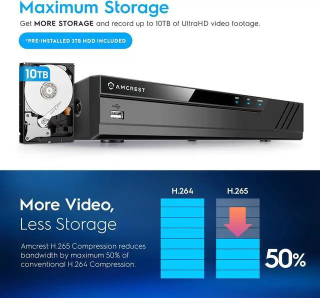 Alt view image 3 of 7 - Amcrest 4K 16CH 8 Port PoE NVR NV4116E-A2 (1080p/3MP/4MP/5MP/8MP) Network Video Recorder, 16CH (8-Port PoE) NVR - Supports up to 16 x 8-Megapixel IP Cameras, Pre-Installed 3TB Hard Drive NV4116E-3TB