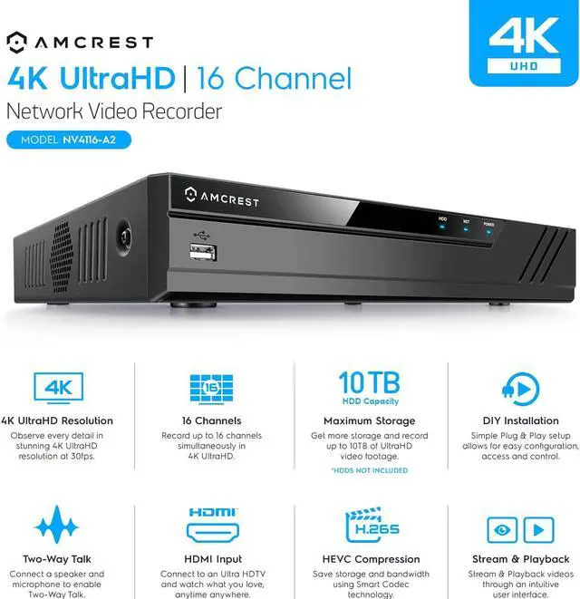 Alt view image 2 of 7 - Amcrest 4K 16CH NVR NV4116-A2 (1080p/3MP/4MP/5MP/8MP) Network Video Recorder - Supports up to 16 x 8MP/4K IP Cameras, 16-Channel Pre-Installed 2TB Hard Drive NV4116-2TB