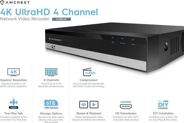 Alt view image 2 of 4 - Amcrest NV2108-HS 8CH 1080P/3MP/4MP/5MP/6MP/4K Network Video Recorder - Supports up to 8 x 4K IP Cameras, Pre-Installed 2TB Hard Drive, (No Built-in WiFi) (NV2108-2TB)