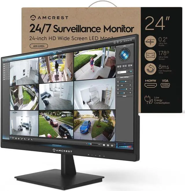Main image of Amcrest 24/7 Surveillance Video Monitor Screen, 24 inch PC Computer NVR/DVR Monitor, 1080p FHD 60Hz with HDMI VGA, Micro Bezel Design, W-LED for Home Office, Monitor, Built-in Dual Speakers, AM-LM24