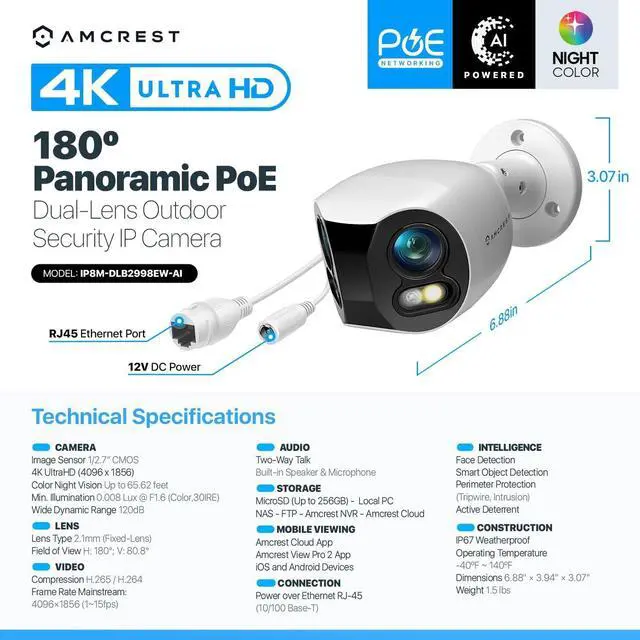 Alt view image 7 of 7 - Amcrest Dual-Lens 4K (8MP) Outdoor Security POE Camera, 2 x 4K Lenses PoE AI Bullet IP Camera, 65ft Night Color, Face Detection, Panoramic 180° FOV, 2 x 4K@15fps IP8M-DLB2998EW-AI (White)