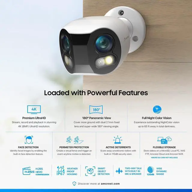 Alt view image 2 of 7 - Amcrest Dual-Lens 4K (8MP) Outdoor Security POE Camera, 2 x 4K Lenses PoE AI Bullet IP Camera, 65ft Night Color, Face Detection, Panoramic 180° FOV, 2 x 4K@15fps IP8M-DLB2998EW-AI (White)