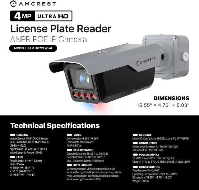 Alt view image 7 of 7 - Amcrest License Plate Recognition (LPR) Camera, 8-32mm Optical Zoom AI IP POE Camera 4MP @ 30fps, 1/1.8" Low-Light Sensor, Active Deterrents, 98ft Nightvision, Bullet IP4M-1072EW-AI