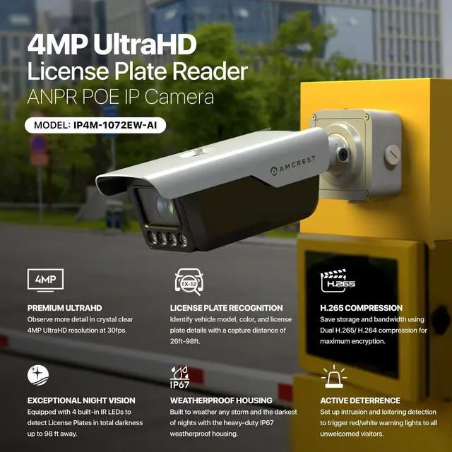 Alt view image 2 of 7 - Amcrest License Plate Recognition (LPR) Camera, 8-32mm Optical Zoom AI IP POE Camera 4MP @ 30fps, 1/1.8" Low-Light Sensor, Active Deterrents, 98ft Nightvision, Bullet IP4M-1072EW-AI