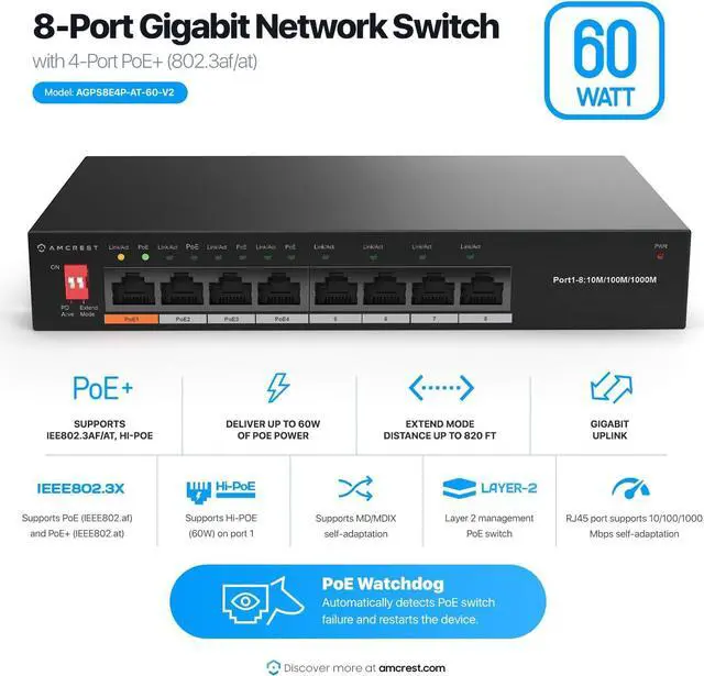 Alt view image 2 of 5 - Amcrest 8-Port Switch with 4-Ports POE+ 802.3af/at 60W, Metal Housing, (AGPS8E4P-AT-60-V2)