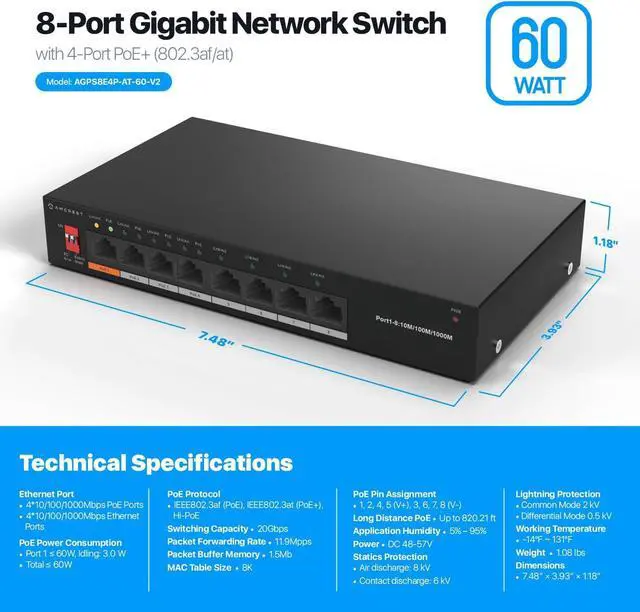 Alt view image 5 of 5 - Amcrest 8-Port Switch with 4-Ports POE+ 802.3af/at 60W, Metal Housing, (AGPS8E4P-AT-60-V2)