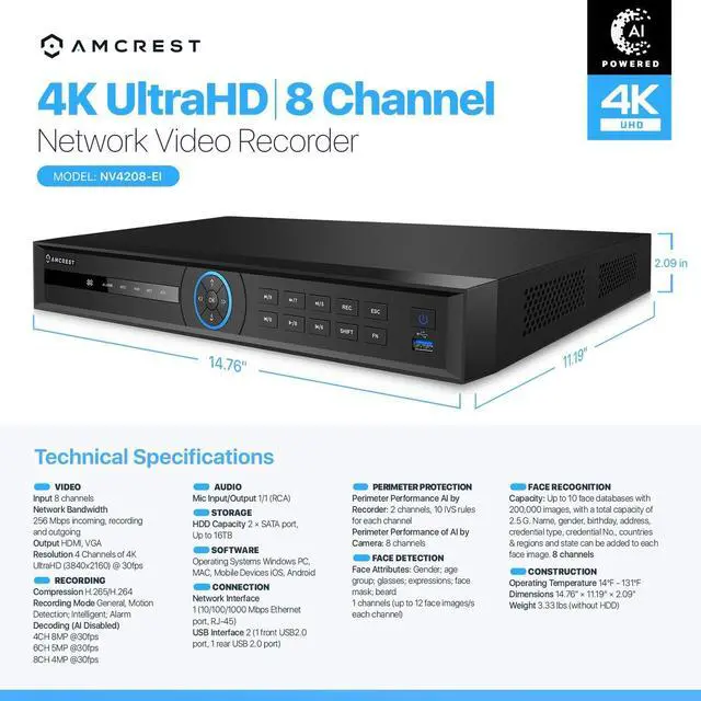 Alt view image 7 of 7 - Amcrest 4K NV4208-EI 8CH AI NVR, Smart NVR, Facial Recognition, Face Detection & Vehicle & Human Intruder Detection - Supports 2 x 16TB Hard Drive's (Not Included) (No PoE Ports Included)