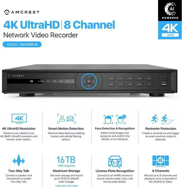 Alt view image 2 of 7 - Amcrest 4K NV4208-EI 8CH AI NVR, Smart NVR, Facial Recognition, Face Detection & Vehicle & Human Intruder Detection - Supports 2 x 16TB Hard Drive's (Not Included) (No PoE Ports Included)