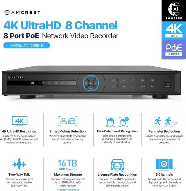 Alt view image 2 of 7 - Amcrest 4K 8-Channel AI NVR (8-Port PoE) Smart NVR, Facial Recognition, Facial Detection & Vehicle Detection - Supports 8 x 4K IP Cameras, Supports up to 2 x 16TB HDD (Not Included) NV4208E-EI