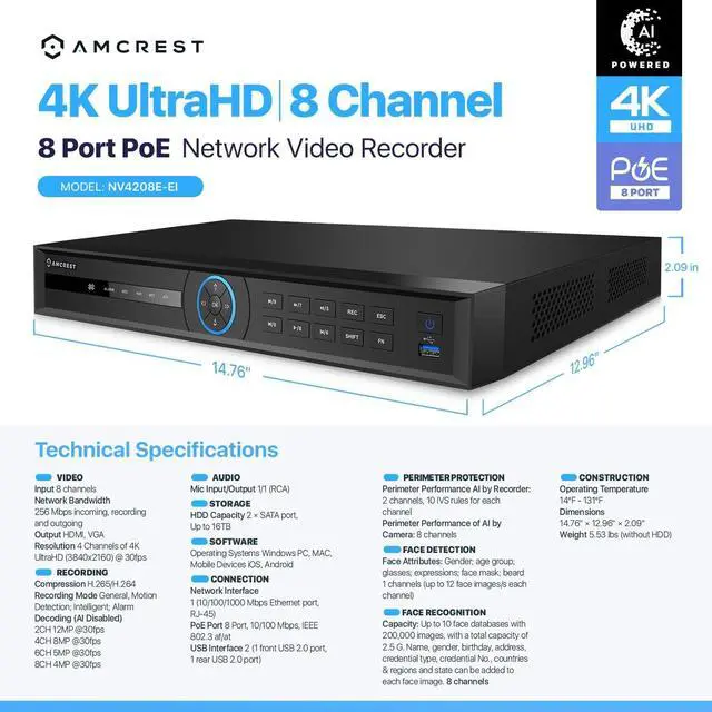 Alt view image 7 of 7 - Amcrest 4K 8-Channel AI NVR (8-Port PoE) Smart NVR, Facial Recognition, Facial Detection & Vehicle Detection - Supports 8 x 4K IP Cameras, Supports up to 2 x 16TB HDD (Not Included) NV4208E-EI