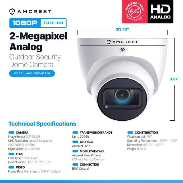 Alt view image 5 of 6 - Amcrest Analog Outdoor Security Camera Dome 2MP 1080P @ 30fps, Quadbrid, 129° FOV, White (Not an IP Camera) (DVR Required, Not Included) AMC1080DM28-W