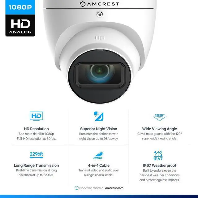 Alt view image 3 of 6 - Amcrest Analog Outdoor Security Camera Dome 2MP 1080P @ 30fps, Quadbrid, 129° FOV, White (Not an IP Camera) (DVR Required, Not Included) AMC1080DM28-W