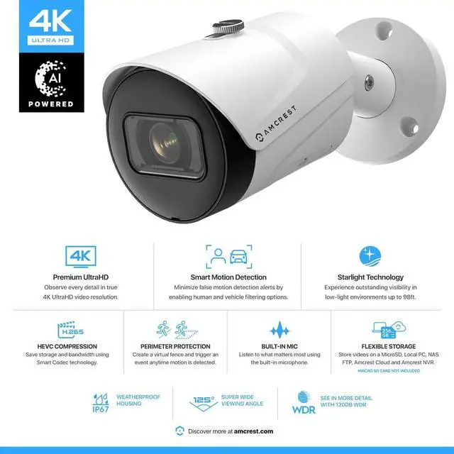 Alt view image 2 of 7 - Amcrest 4K (8MP) IP POE Camera, UltraHD Outdoor Bullet, 3840x2160, 98ft NightVision, 125° FOV, IP67, MicroSD (256GB), Human & Vehicle Detection, Tripwire & Intrusion, (IP8M-2496EW-AI-V3)